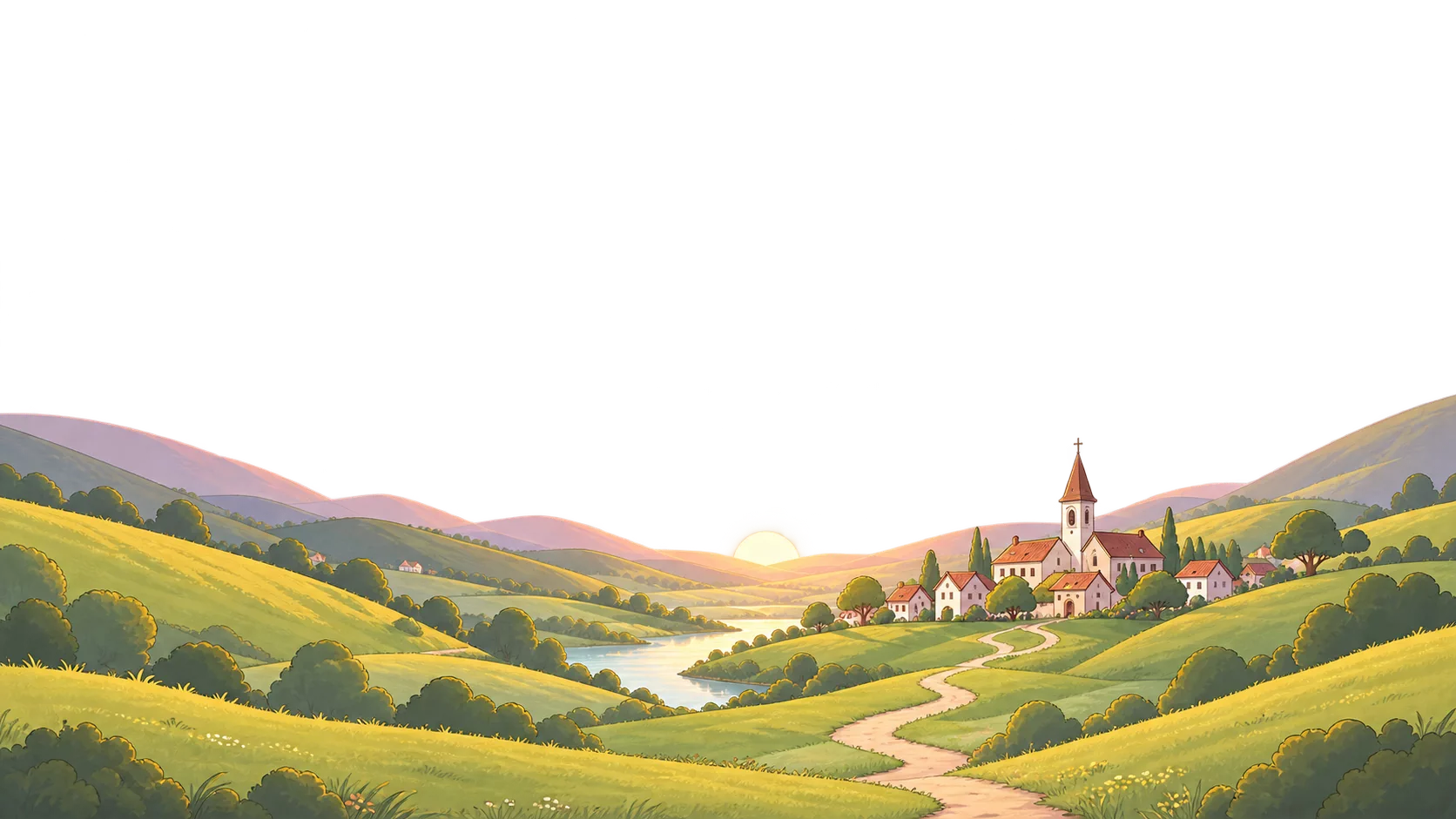 Hillside village and church at sunrise